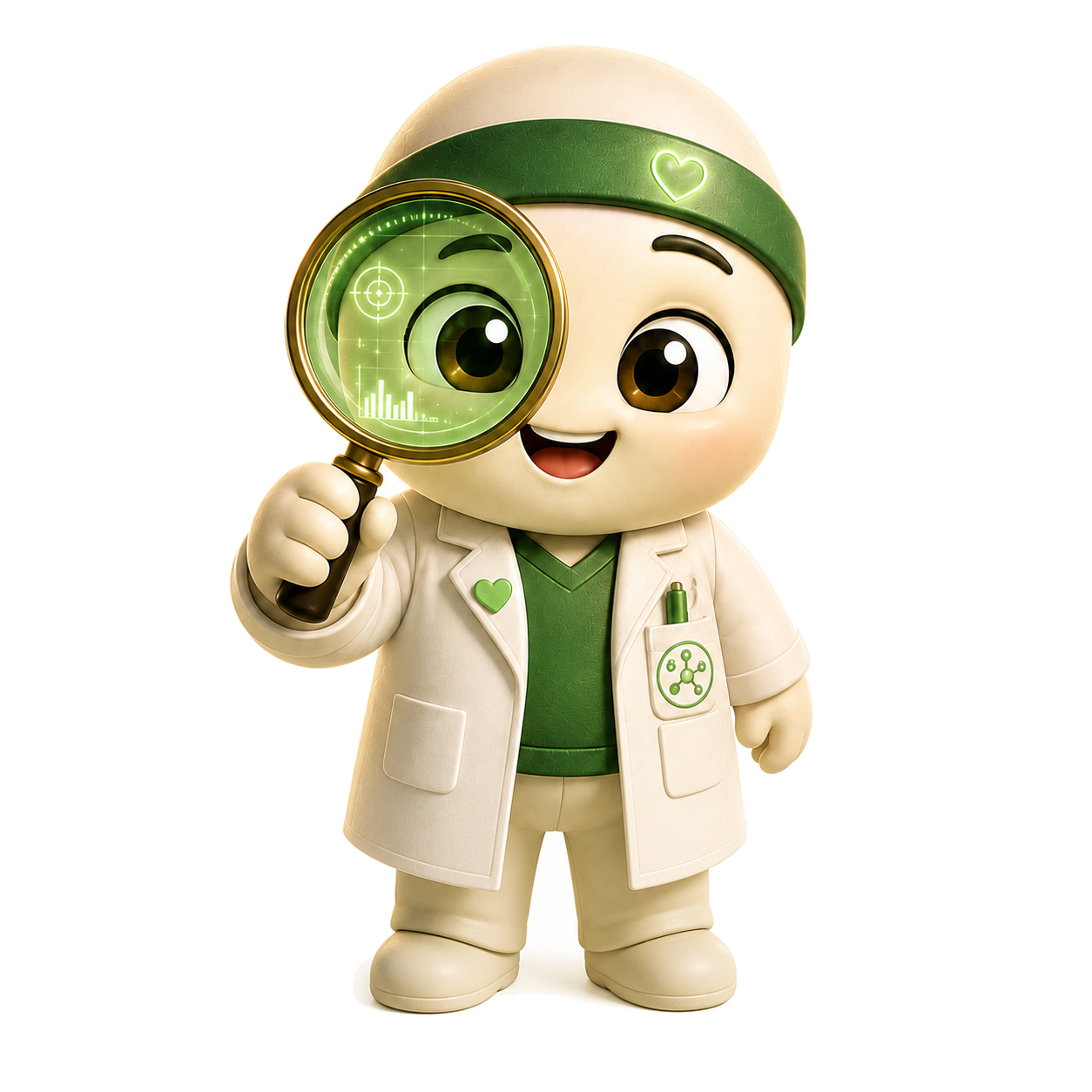Buddy, the BlemishBuddy AI skin coach, holding a magnifying glass