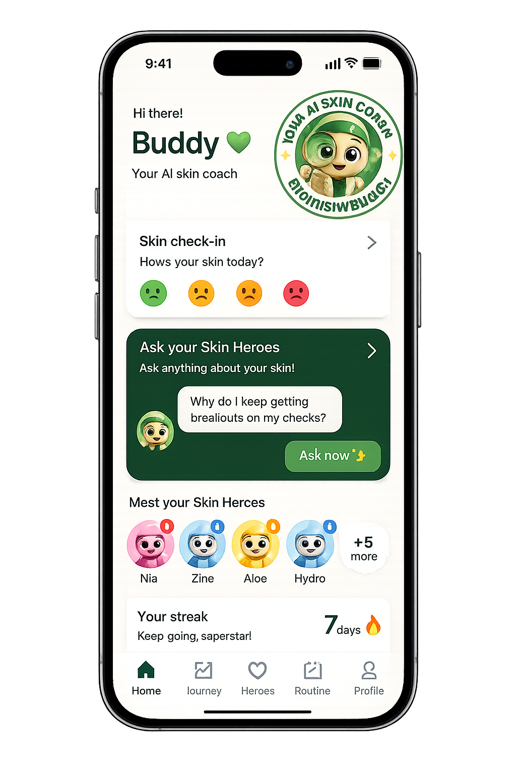 BlemishBuddy app screen showing skin check-in, Skin Heroes, and progress tracking